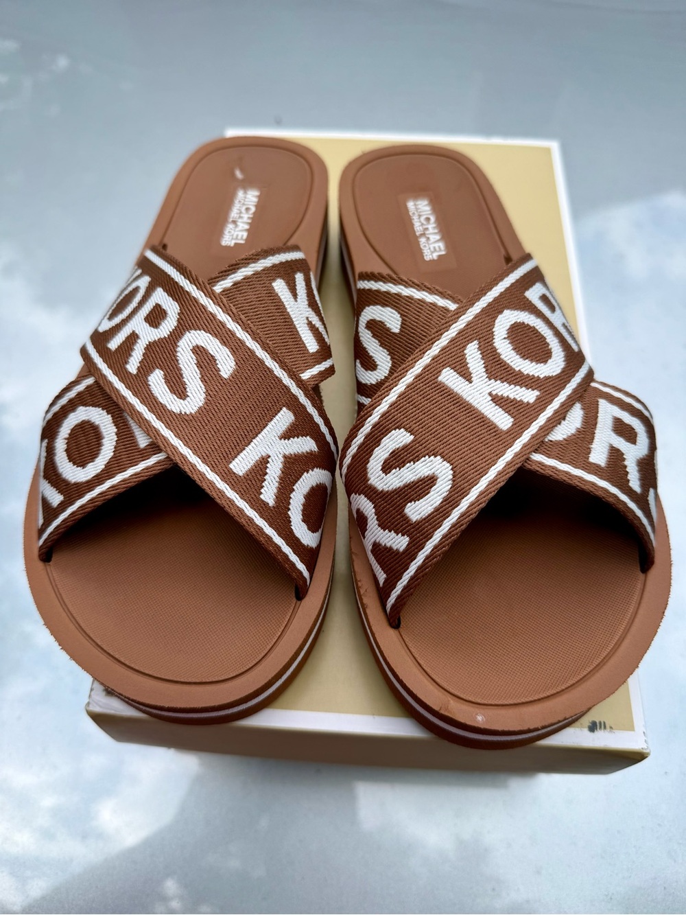 Michael Kors Brown and White Logo Crossband Sandals 7